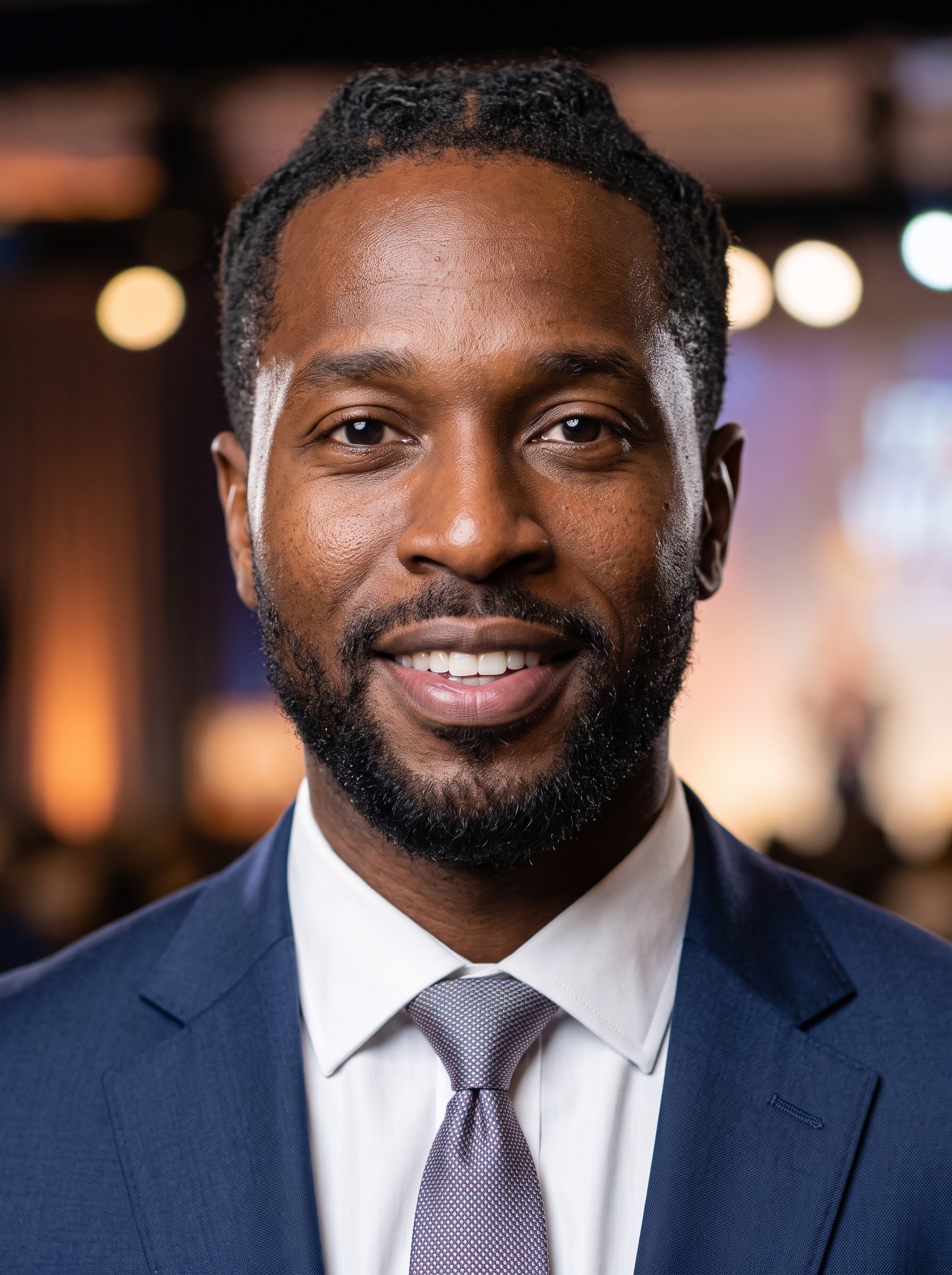Speaking Stage · Navy Suit headshot example