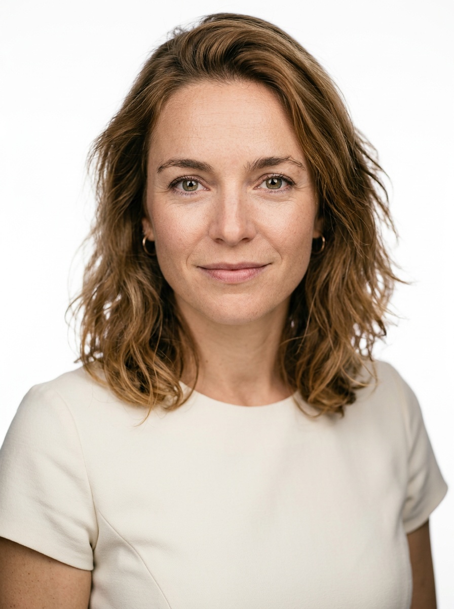 Professional AI LinkedIn headshot in Cream short-sleeve top on White / Pure White Studio