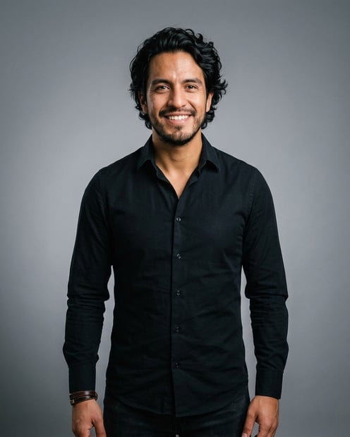 Neutral Mid-Grey Gradient Seamless · Dark Button-Up or Simple Black Top headshot example