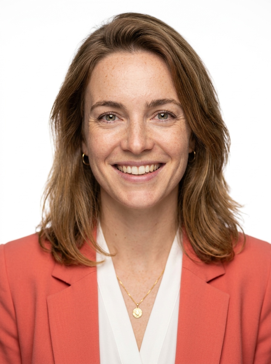 Professional AI LinkedIn headshot in Coral blazer over white blouse on White / Pure White Studio