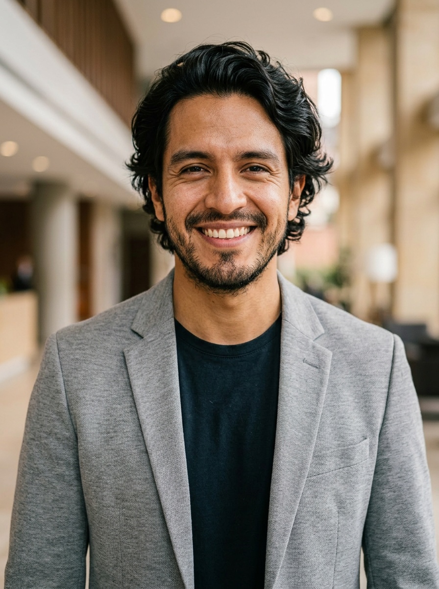 Professional AI LinkedIn headshot in Light gray blazer on Lobby (corporate lobby)