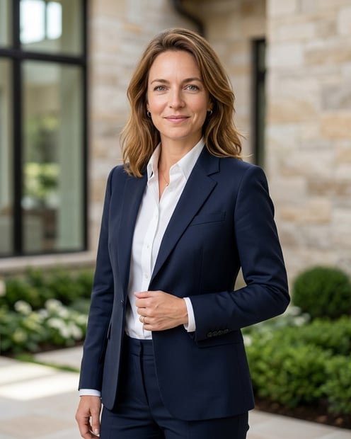 Stone Driveway Entry · Navy Suit with White Shirt headshot example