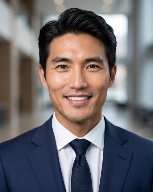 Lobby · Navy tailored suit headshot example