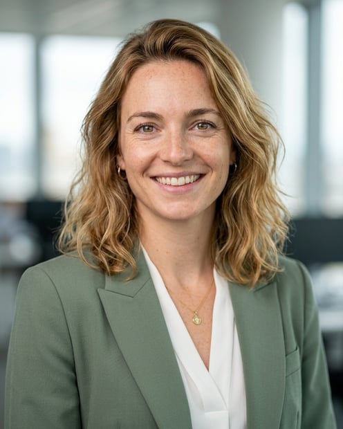 Office / Modern Office Workspace · Sage green blazer with white blouse headshot example