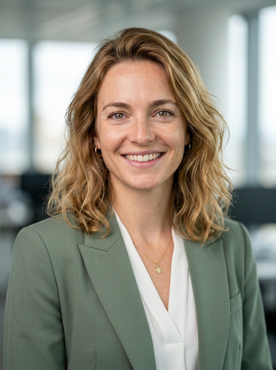 Professional AI LinkedIn headshot in Sage green blazer with white blouse (2026 trend) on Office / Modern Office Workspace