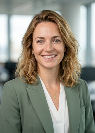 Professional AI LinkedIn headshot in Sage green blazer with white blouse (2026 trend) on Office / Modern Office Workspace