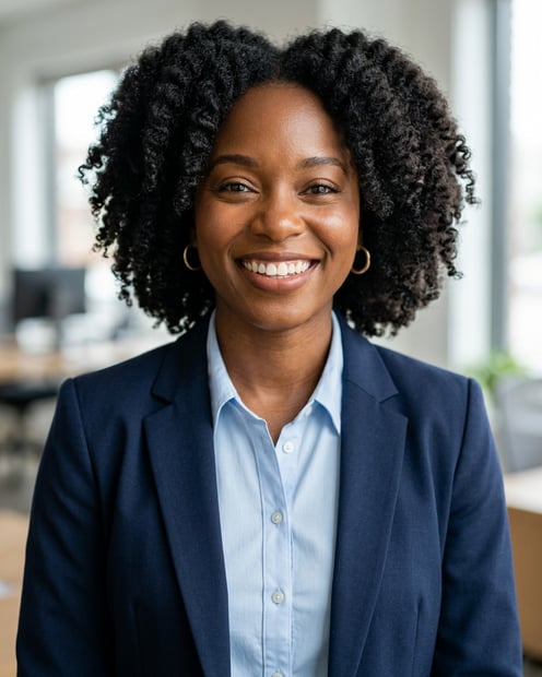Office / Modern Office Workspace · Navy blazer with light blue shirt headshot example