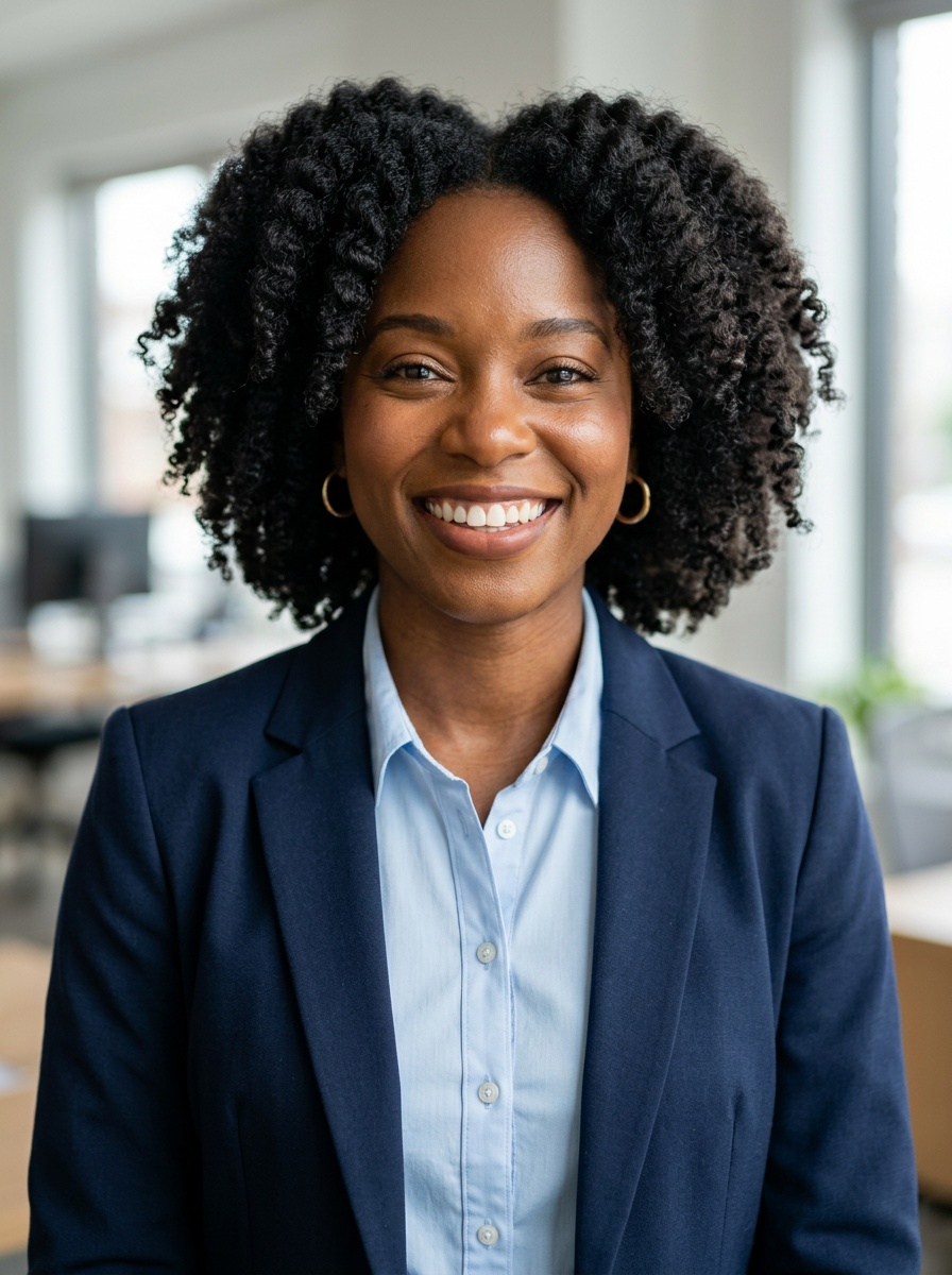 Professional AI LinkedIn headshot in Navy blazer with light blue shirt on Office / Modern Office Workspace