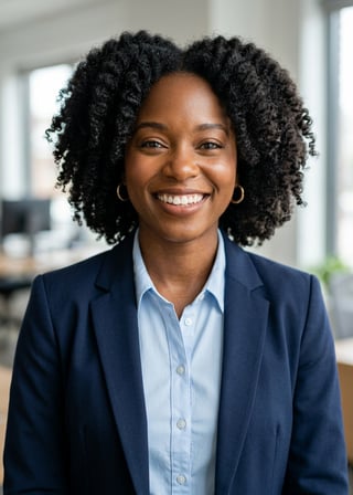 Professional AI LinkedIn headshot in Navy blazer with light blue shirt on Office / Modern Office Workspace