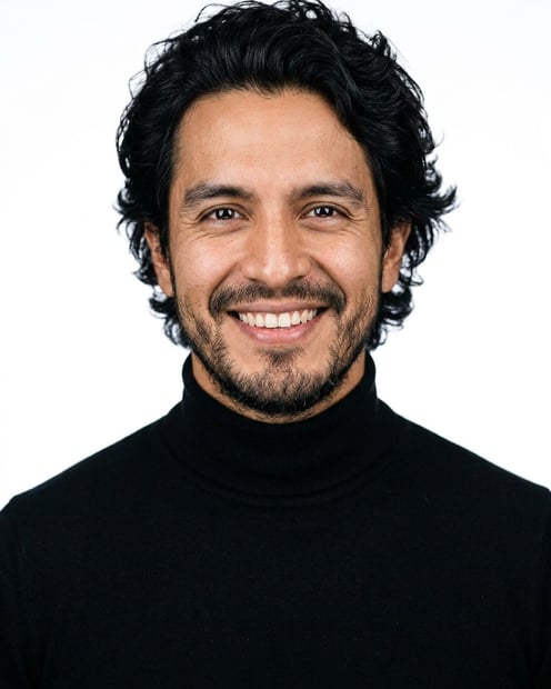 White / Pure White Studio · Fitted black turtleneck headshot example