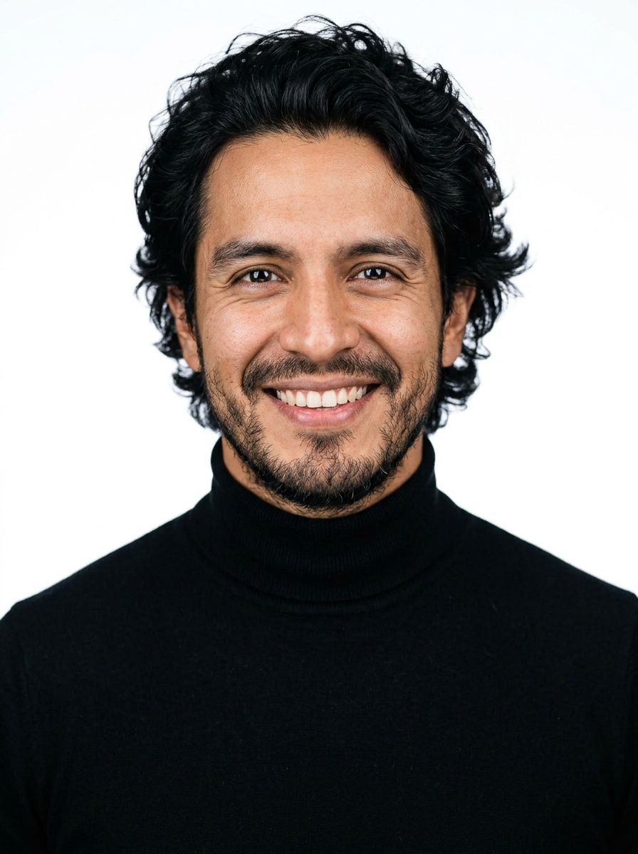 Professional AI LinkedIn headshot in Fitted black turtleneck on White / Pure White Studio