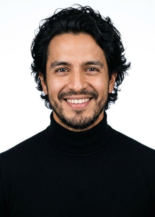 Professional AI LinkedIn headshot in Fitted black turtleneck on White / Pure White Studio