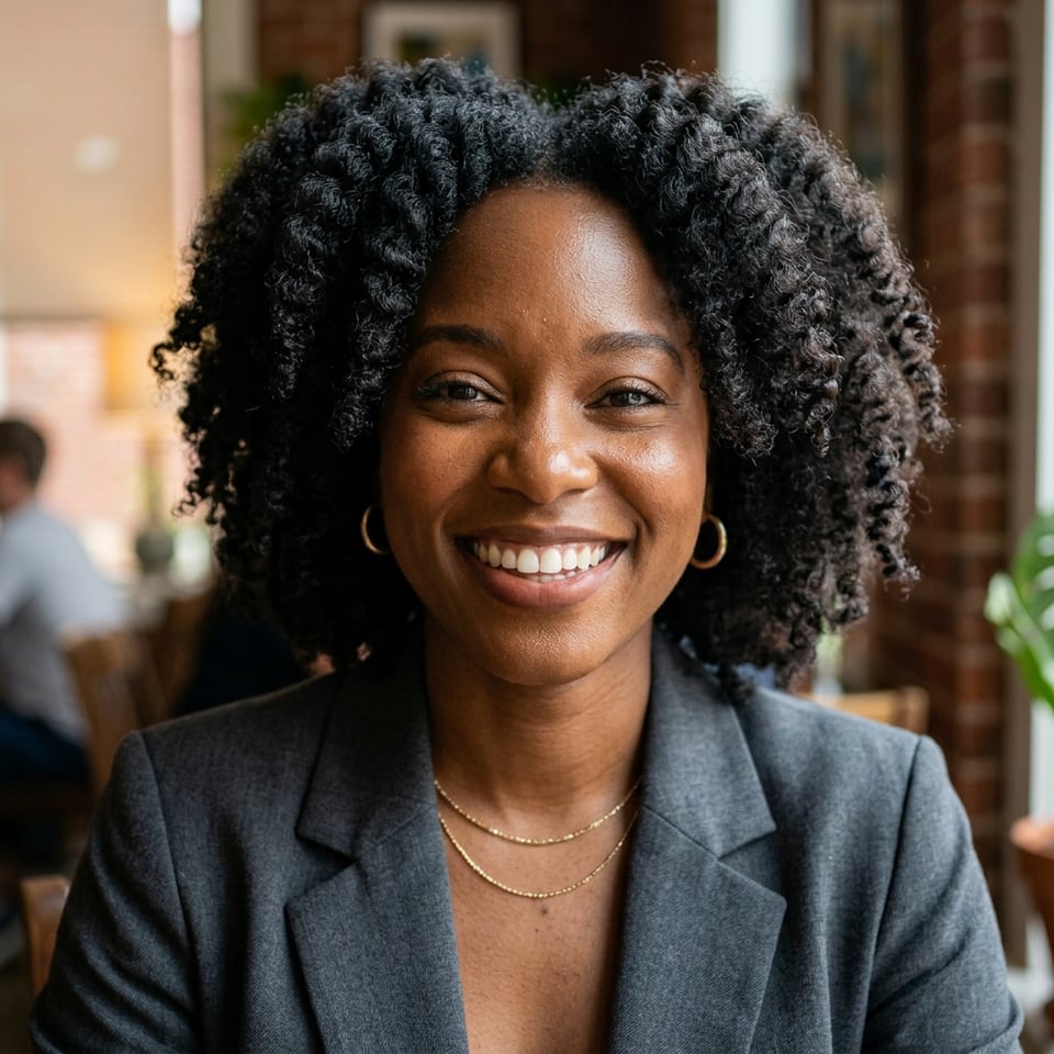 Professional AI LinkedIn headshot in Charcoal gray blazer on Cafe (warm professional)