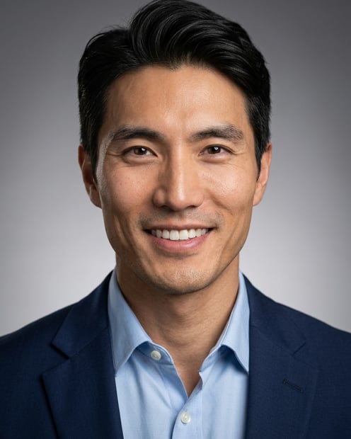 Neutral Gradient / Light Grey · Navy blazer with light blue shirt headshot example
