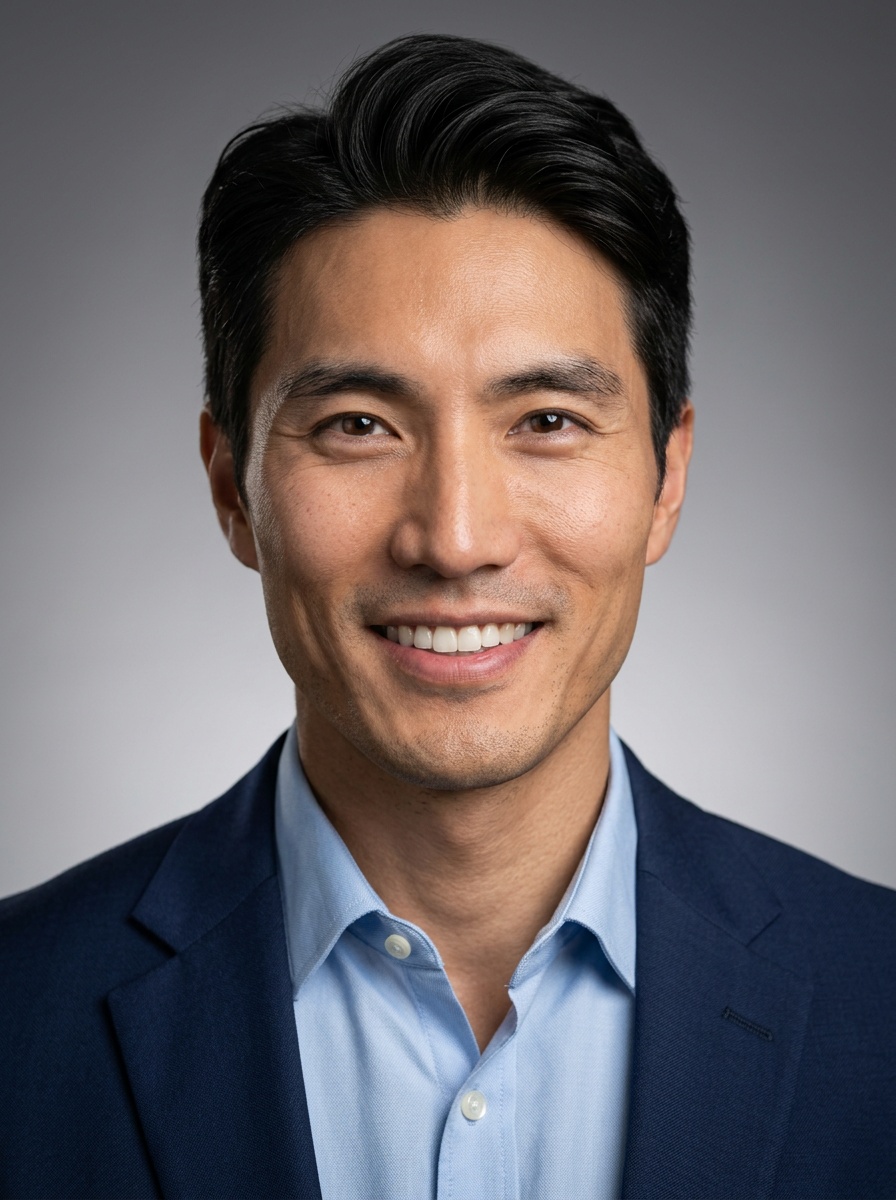 Professional AI LinkedIn headshot in Navy blazer with light blue shirt on Neutral Gradient / Light Grey