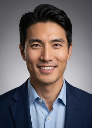 Professional AI LinkedIn headshot in Navy blazer with light blue shirt on Neutral Gradient / Light Grey