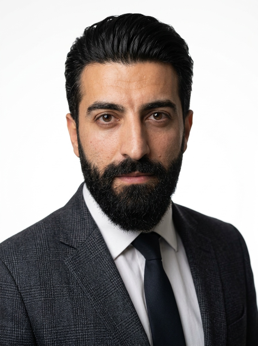 Professional AI LinkedIn headshot in Dark gray patterned blazer on White / Pure White Studio
