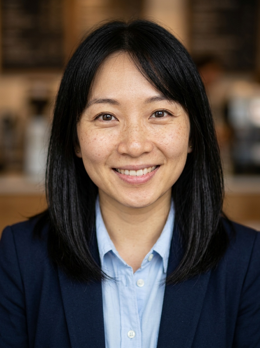 Professional AI LinkedIn headshot in Navy blazer with light blue shirt on Cafe (warm professional)