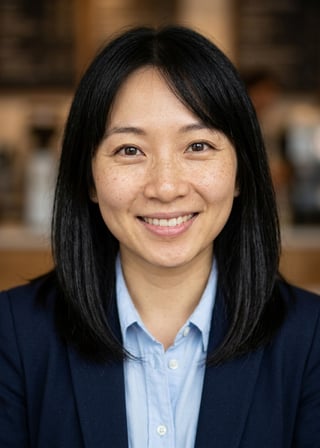 Professional AI LinkedIn headshot in Navy blazer with light blue shirt on Cafe (warm professional)