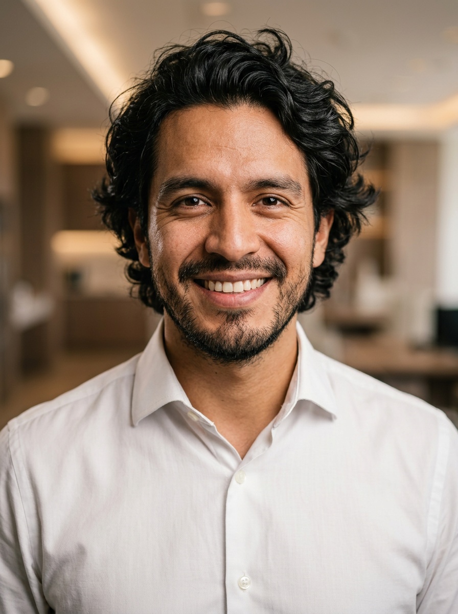 Professional AI LinkedIn headshot in White button-up shirt on Cafe (warm professional)