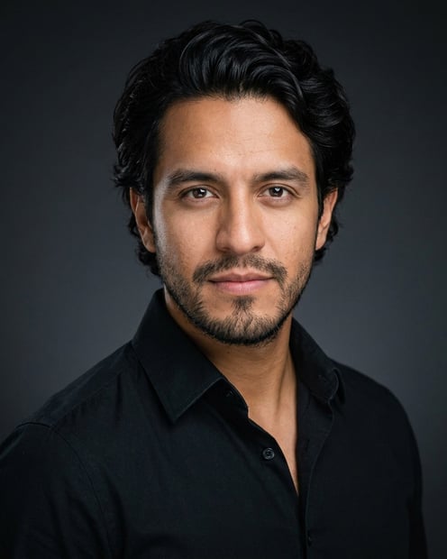 Dark Charcoal Grey Gradient · Black Button-Up with Dark Trousers headshot example