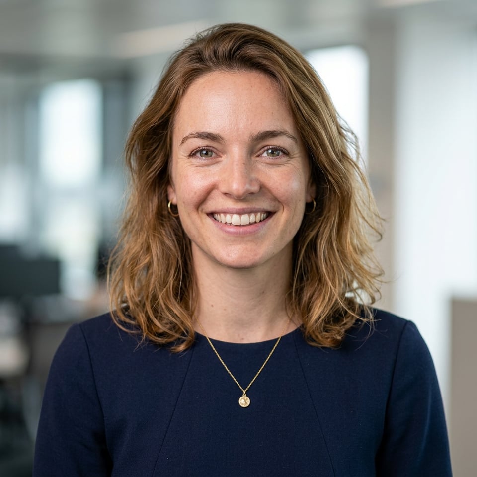 Professional AI LinkedIn headshot in Navy blue sleeveless dress on Office / Modern Office Workspace