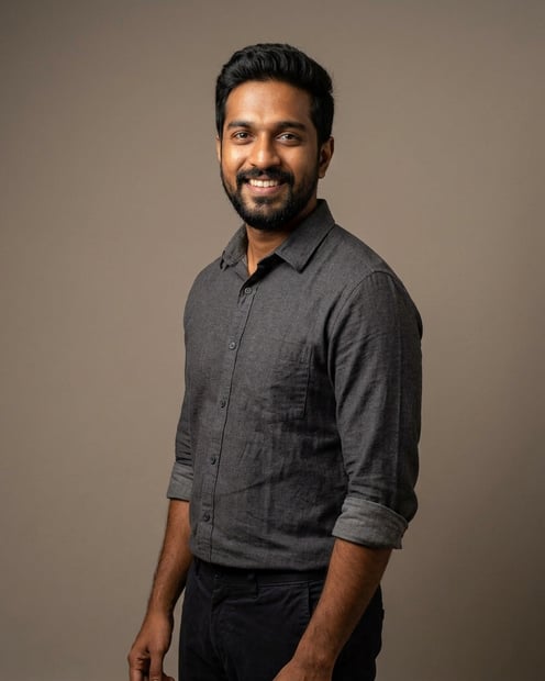 Warm Grey Studio Sweep · Charcoal Button-Up with Rolled Sleeves headshot example