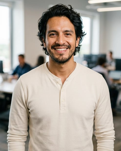 Office / Modern Office Workspace · Cream long-sleeve henley headshot example