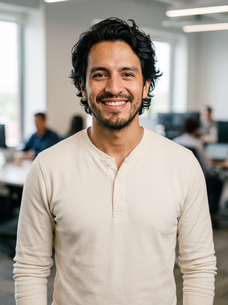 Professional AI LinkedIn headshot in Cream long-sleeve henley on Office / Modern Office Workspace