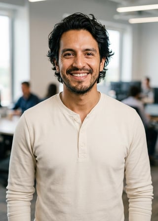 Professional AI LinkedIn headshot in Cream long-sleeve henley on Office / Modern Office Workspace