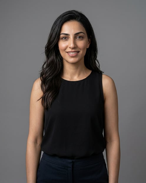 Neutral Mid-Grey Gradient Seamless · Black Sleeveless Shell / Simple Black Top headshot example