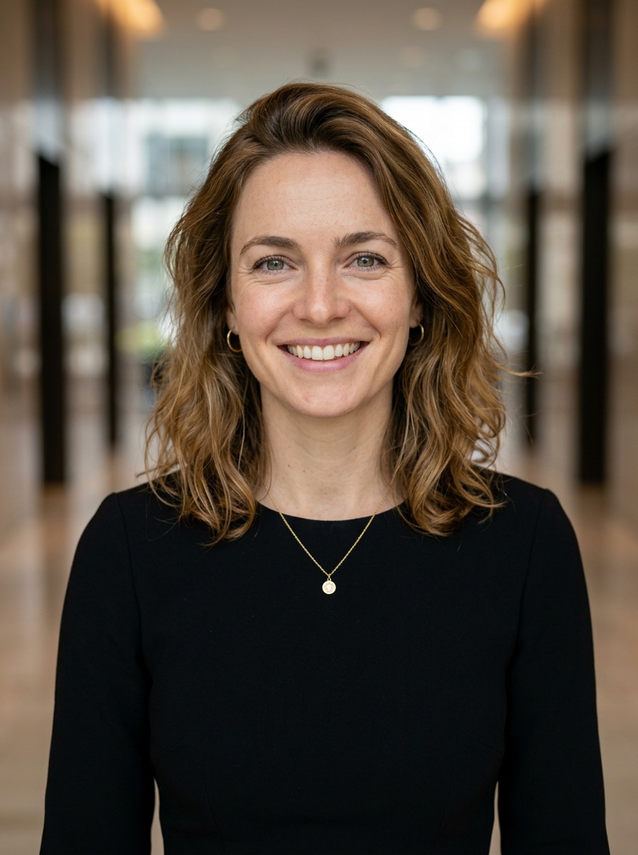 Professional AI LinkedIn headshot in Black midi fitted dress on Lobby (corporate lobby)