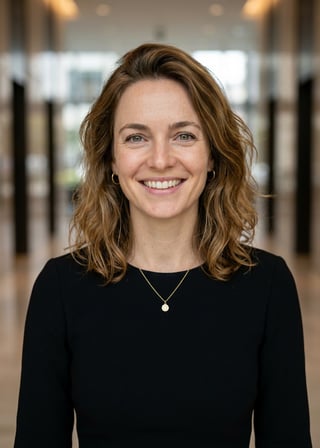 Professional AI LinkedIn headshot in Black midi fitted dress on Lobby (corporate lobby)