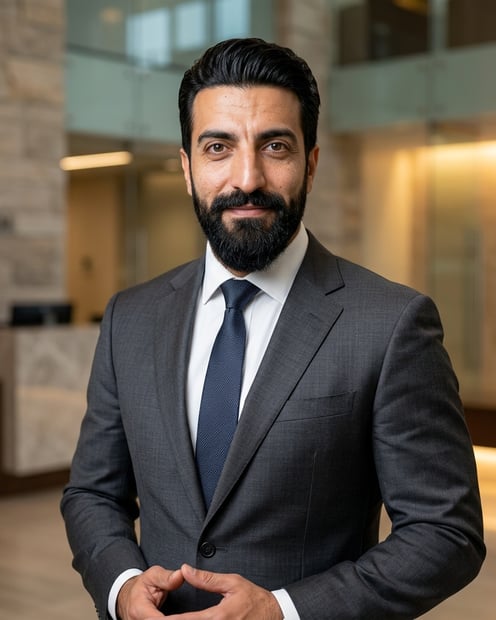 Modern Law Firm Lobby · Soft Gray Suit headshot example