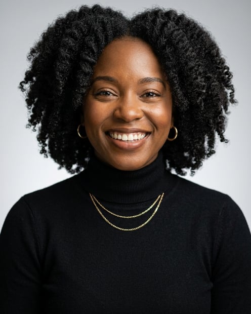Neutral Gradient / Light Grey · Fitted black turtleneck headshot example