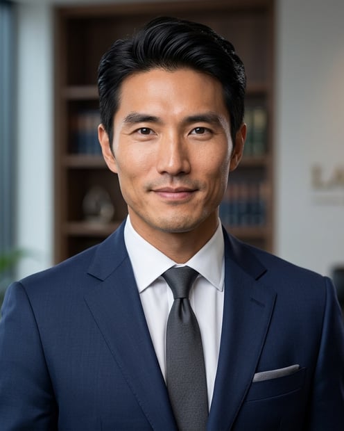 Light Grey Gradient Studio · Navy Suit with White Shirt headshot example