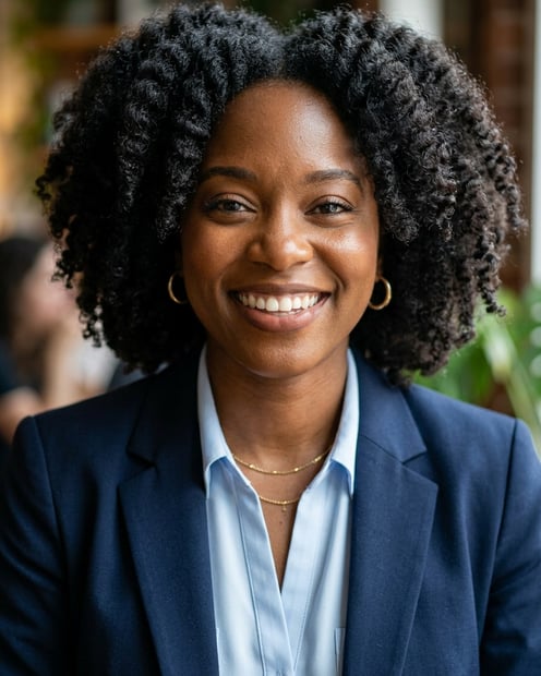 Cafe · Navy blazer with light blue shirt headshot example