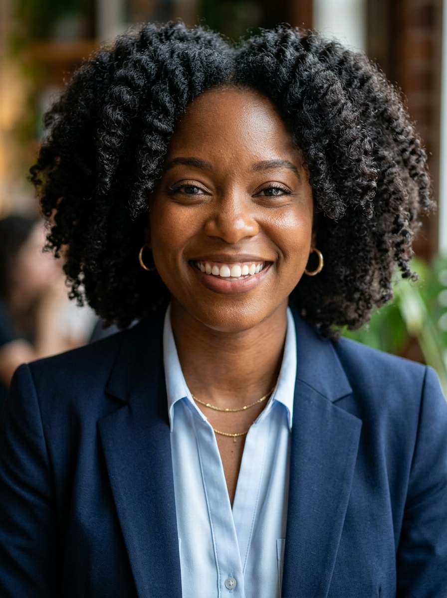 Professional AI LinkedIn headshot in Navy blazer with light blue shirt on Cafe (warm professional)