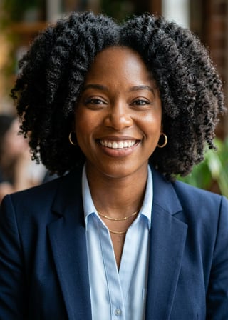 Professional AI LinkedIn headshot in Navy blazer with light blue shirt on Cafe (warm professional)