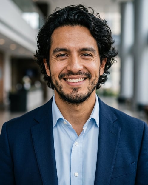 Lobby · Navy blazer with light blue shirt headshot example