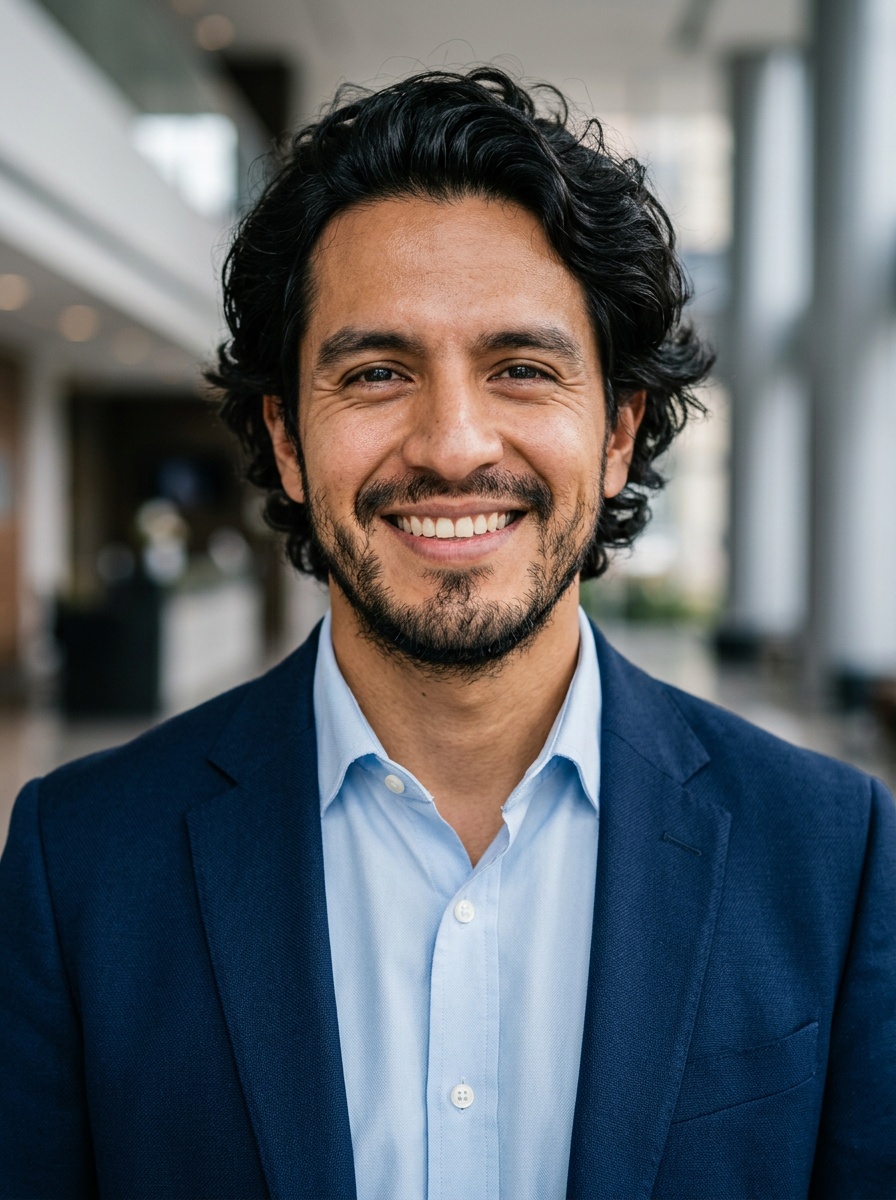Professional AI LinkedIn headshot in Navy blazer with light blue shirt on Lobby (corporate lobby)