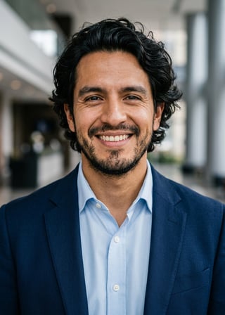 Professional AI LinkedIn headshot in Navy blazer with light blue shirt on Lobby (corporate lobby)