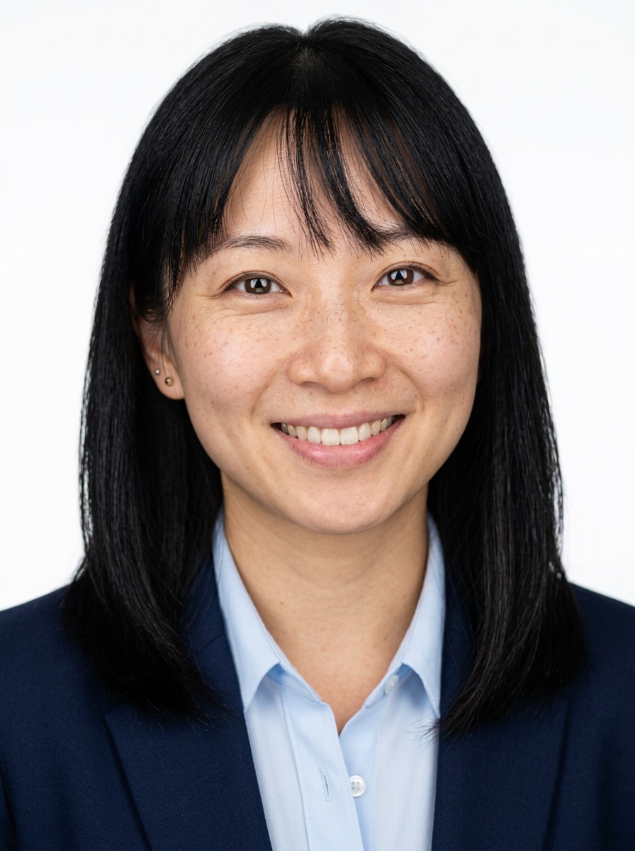 Professional AI LinkedIn headshot in Navy blazer with light blue shirt on White / Pure White Studio