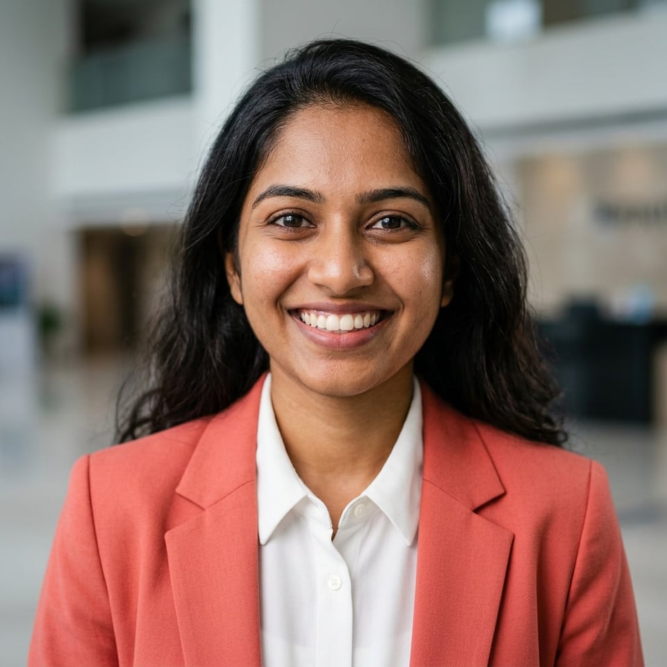 Professional AI LinkedIn headshot in Coral blazer over white blouse on Lobby (corporate lobby)