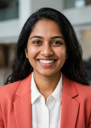 Professional AI LinkedIn headshot in Coral blazer over white blouse on Lobby (corporate lobby)