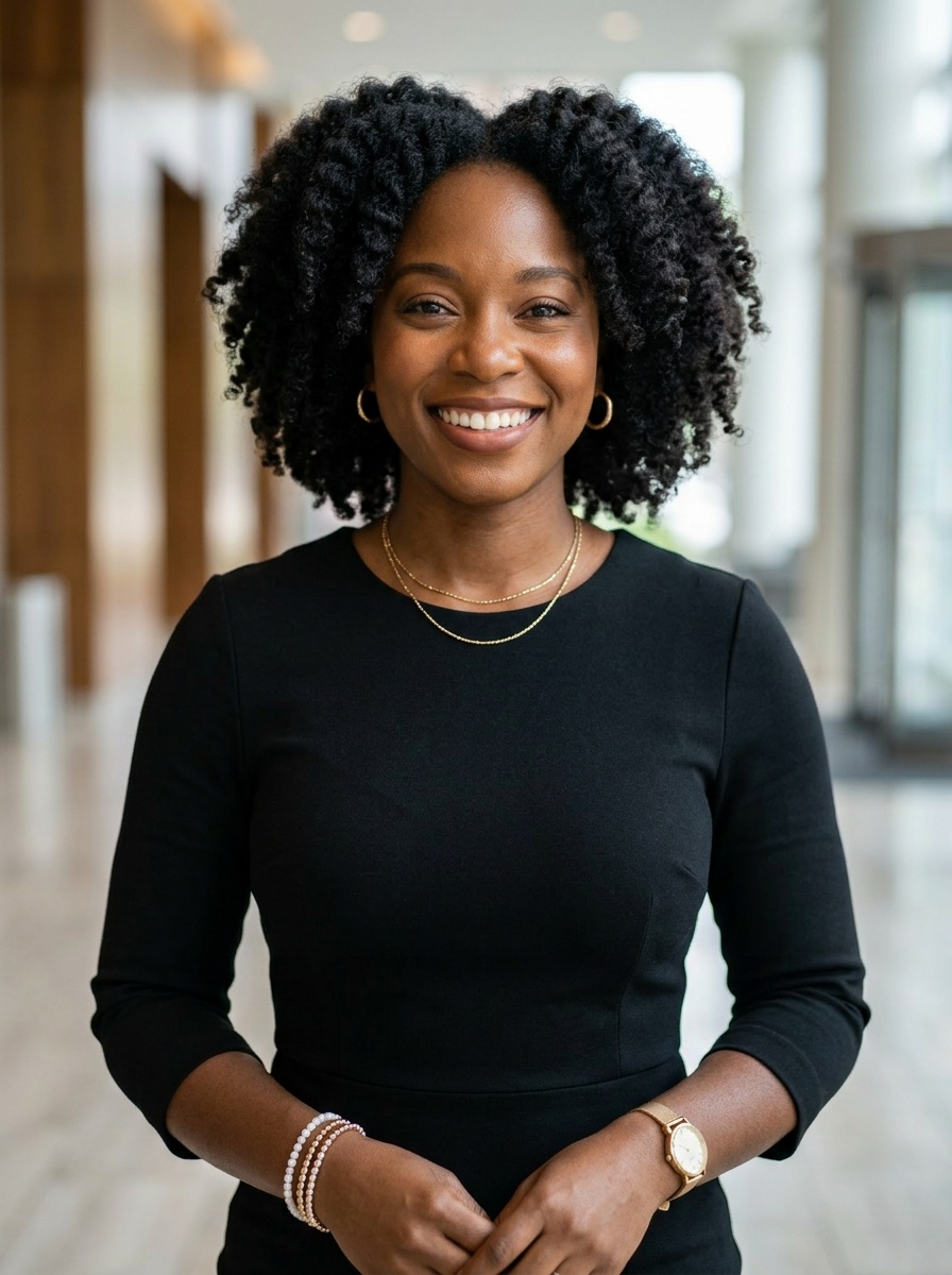 Professional AI LinkedIn headshot in Black midi fitted dress on Lobby (corporate lobby)