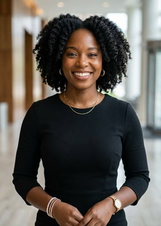 Professional AI LinkedIn headshot in Black midi fitted dress on Lobby (corporate lobby)