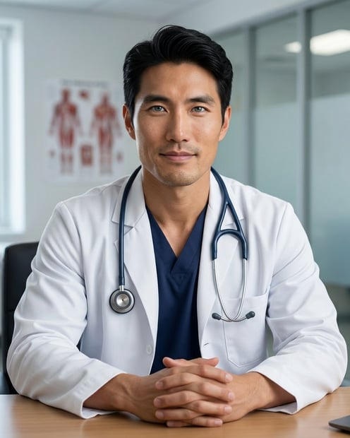 Warm Consultation Room · White Coat over Scrubs headshot example