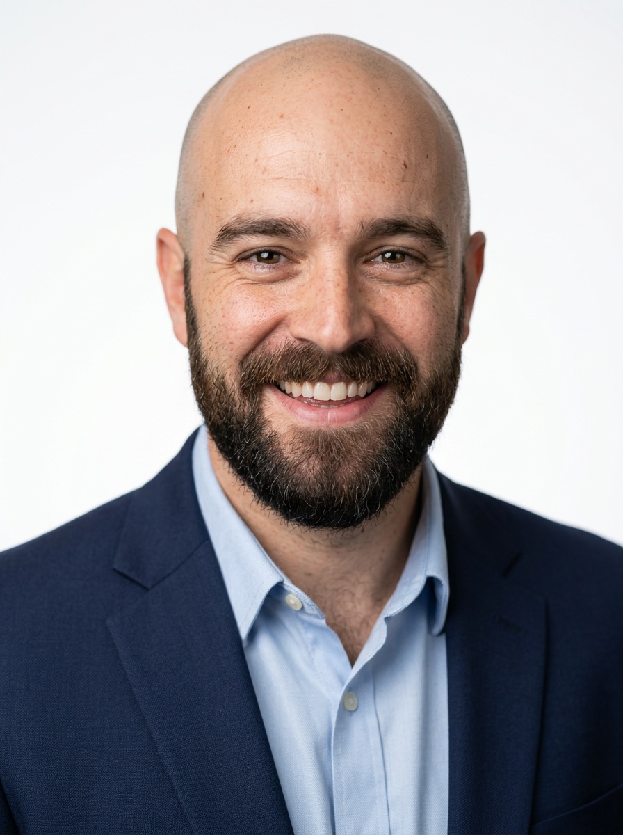 Professional AI LinkedIn headshot in Navy blazer with light blue shirt on White / Pure White Studio