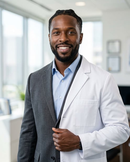 Medical Executive Office Window · Medical Executive Suit with White Coat headshot example
